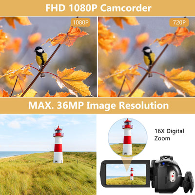 Videokamera Camcorder 1080P 36MP IR-Nachtsicht Videokamera Digitalkamera mit 2 Batterien, 3,0-Zoll-IPS-Bildschirm Vlogging Kamera 30FPS 16X Digitalzoom für YouTube, Streaming-Videoaufzeichnung, Tiktok