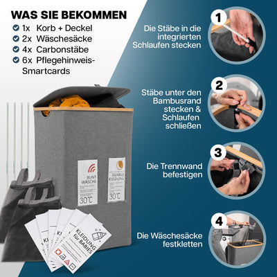 Lavanderi® Wäschekorb 2 Fächer & Deckel [schmal grau 140L XL] - Faltbare Wäschebox mit Waschhinweisen - Wäschesammler groß als Schmutzwäschebehälter - Laundry basket organizer with smartcards