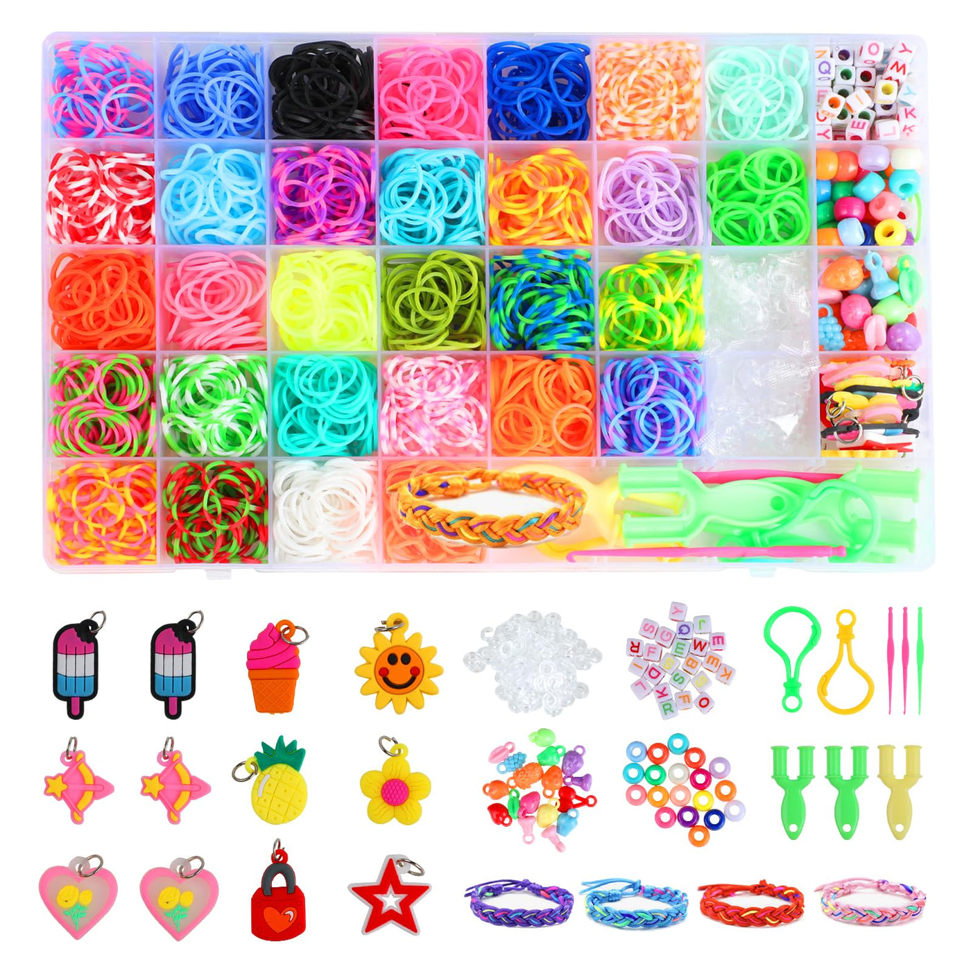 2500+ Bänder Set, 40 Fächer Loops Gummis für DIY Armbänder, Loop Armbänder Set Kinder mit Perlen, Charms, Haken, Aufbewahrungsbox – Bastel Set Geschenk für Jungen & Mädchen, Gummi für Armbänder