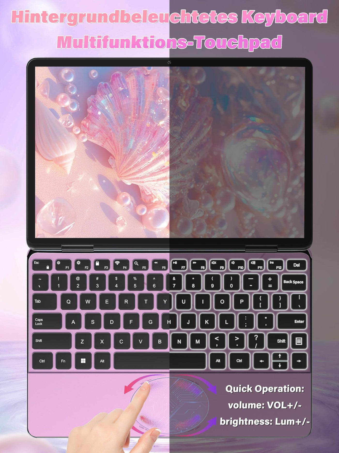 Fsjun 11-Zoll-Pink 2-in-1 Touchscreen-Laptop, N100(Beat N95 N5095), 16GB RAM, 1TB SSD, FHD IPS, Hintergrundbeleucht Tastatur,Wi-Fi, Type-C, HDMI,Leicht, tragbar (16G+1T)