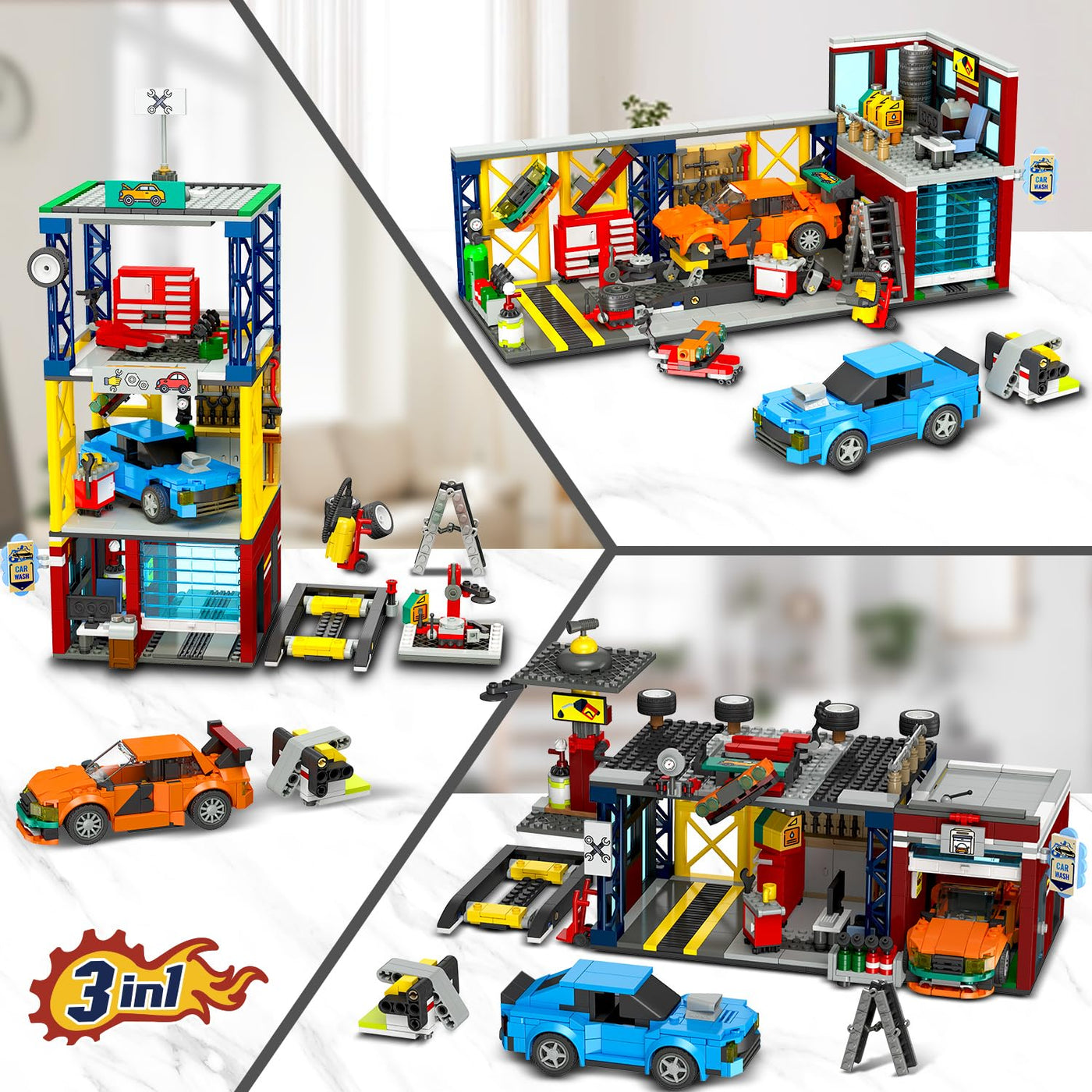 HOGOKIDS 3 IN 1 City Auto Garage Bausteine, 1022 Teiles Technik Autowerkstatt, Waschanlage, Werkstatt mit 2 Autos Bausatz Mechanic Reparatur Baustelle Spielzeug Geschenk für 10+ Jungen Kinder Mädchen