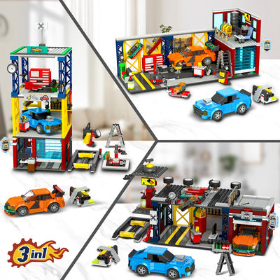 HOGOKIDS 3 IN 1 City Auto Garage Bausteine, 1022 Teiles Technik Autowerkstatt, Waschanlage, Werkstatt mit 2 Autos Bausatz Mechanic Reparatur Baustelle Spielzeug Geschenk für 10+ Jungen Kinder Mädchen