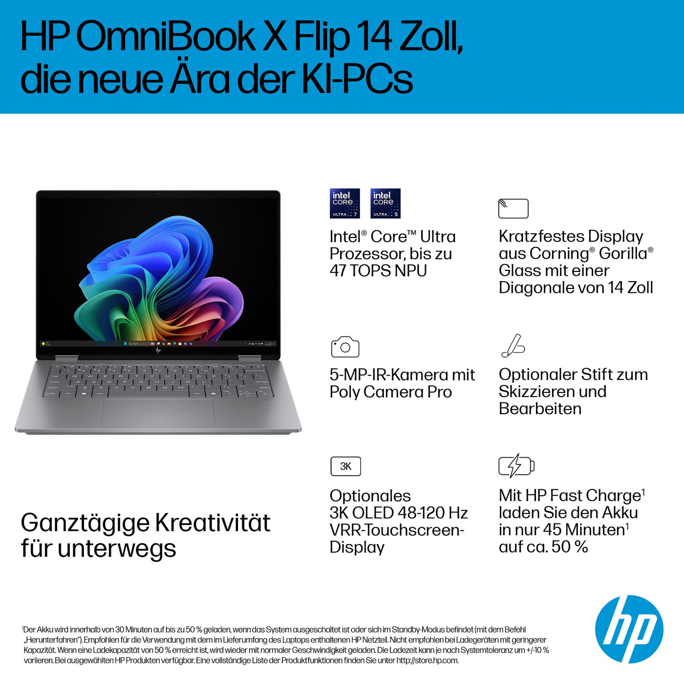 HP OmniBook X Flip 2in1 Next Gen AI Laptop | Intel Core Ultra 7 258V | dedizierte NPU für KI | 47 NPU Tops | Copilot+ PC | 14" 3K 2880x1800 OLED Touchscreen | 32 GB | 1TB SSD | Win11 | QWERTZ | Silber