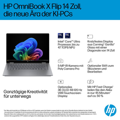 HP OmniBook X Flip 2in1 Next Gen AI Laptop | Intel Core Ultra 7 258V | dedizierte NPU für KI | 47 NPU Tops | Copilot+ PC | 14" 3K 2880x1800 OLED Touchscreen | 32 GB | 1TB SSD | Win11 | QWERTZ | Silber