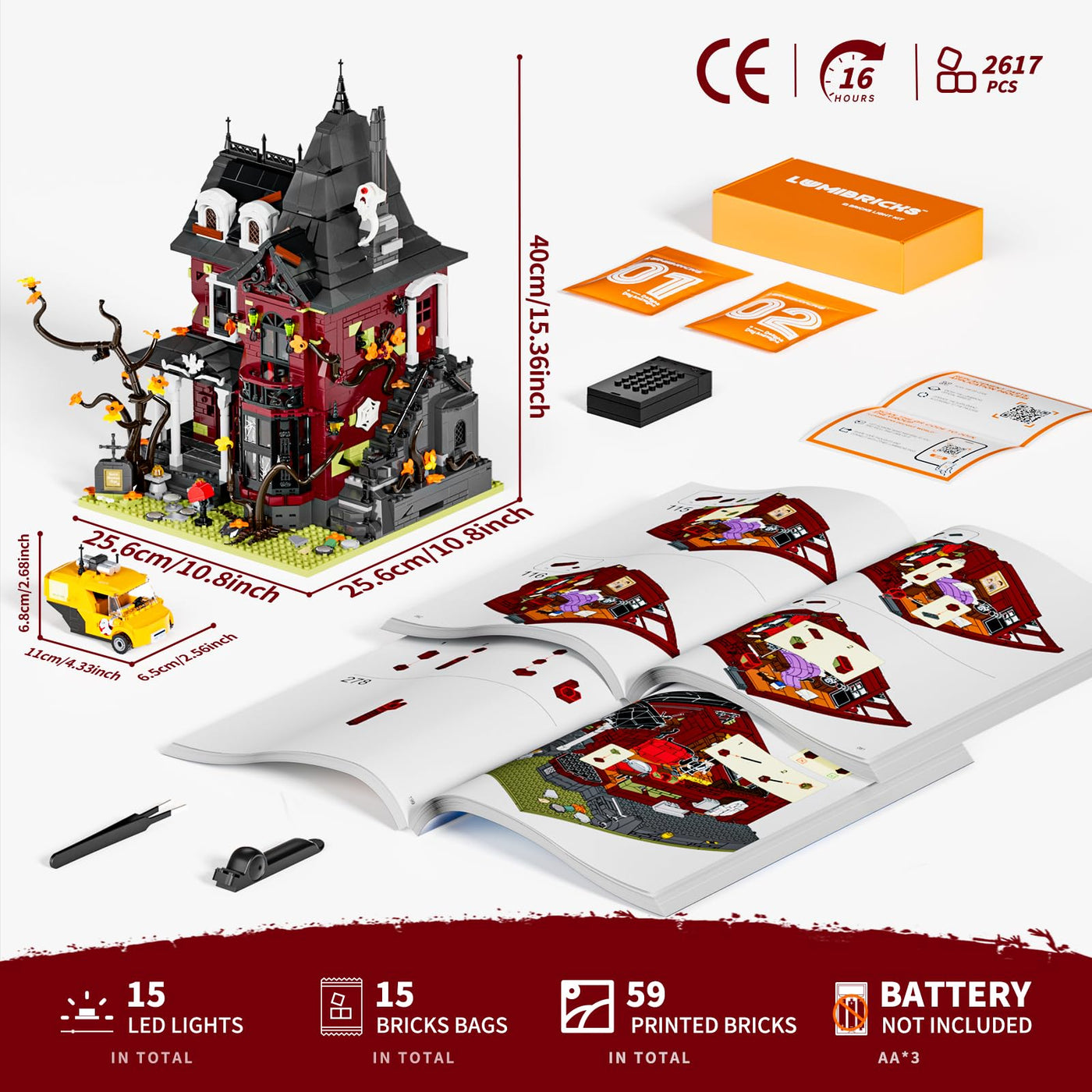 Lumibricks Mitternachtliche Geistervilla Klemmbausteine mit Beleuchtung 2617PCS, Leichten Mängeln in der Bedienungsanleitung – Funktionsfähiges Baustein-Set,L9092