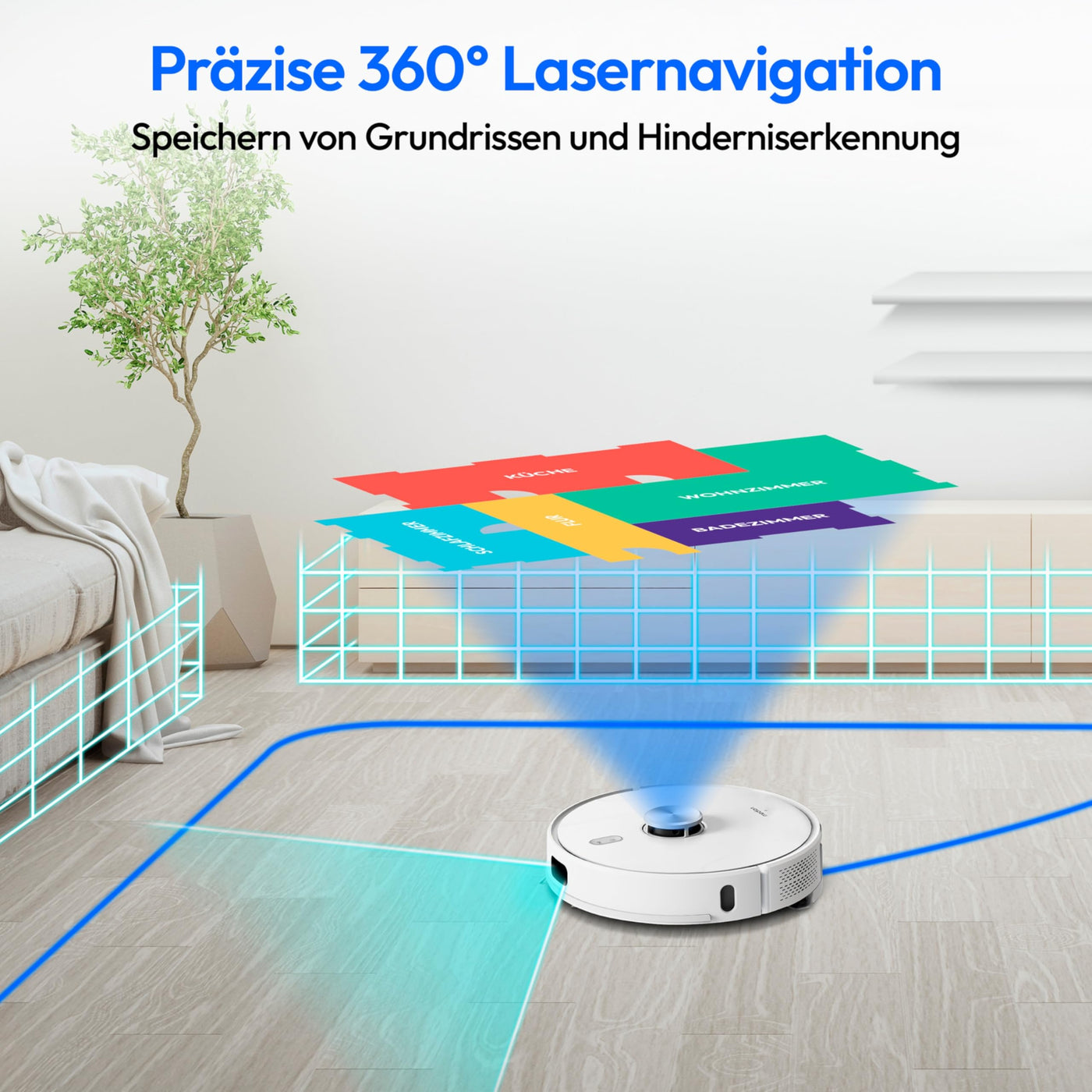 MEDION Saugroboter mit Absaugstation, Lasernavigation und Wischfunktion X41 SW+ (Starke 8000Pa Saugkraft, 2in1 Roboterstaubsauger, präzise Kartenerstellung, Go & No Go Bereiche, mehrere Etagen)