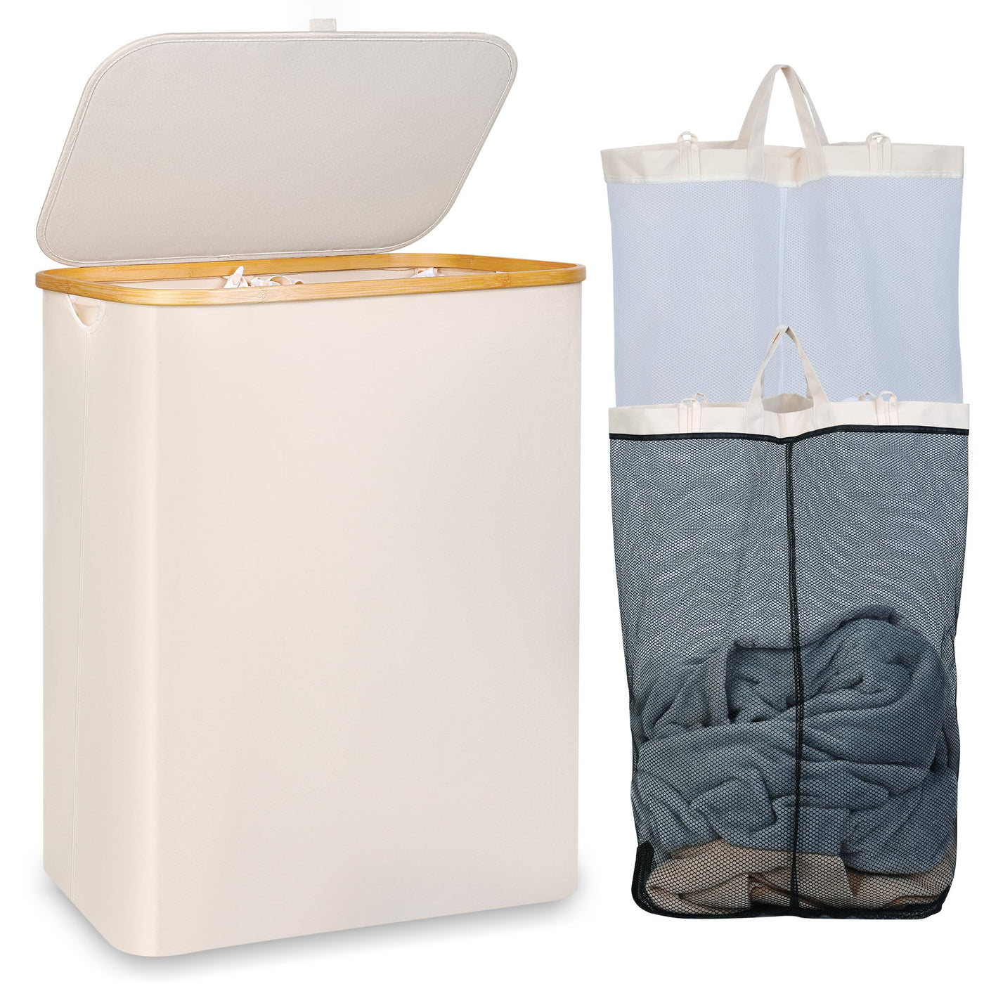 iEGrow Wäschekorb150L XL-Extra Groß 2 Fächer Wäschesammler mit Bambusgriff und Deckel, Laundry Baskets, Wäschekörbe für Waschküche, Schlafzimmer, Badezimmer (Beige)