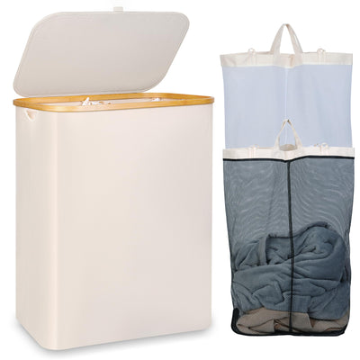 iEGrow Wäschekorb150L XL-Extra Groß 2 Fächer Wäschesammler mit Bambusgriff und Deckel, Laundry Baskets, Wäschekörbe für Waschküche, Schlafzimmer, Badezimmer (Beige)
