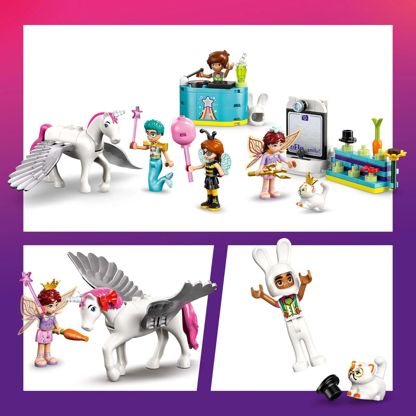 LEGO Friends Kostümparty mit Einhorn und Fee - Spielzeug für Mädchen ab 6 Jahren, inkl. Bühne, DJ-Pult, 4 Mini-Puppen, Kater Churro & Pferd als Tierfigur, Plus Zubehör - Geschenkidee - 42661