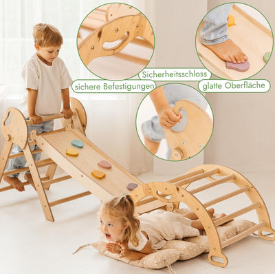 Goodevas 5-in-1 Montessori Klettergerüst Set: Indoor Kletterdreieck, Kletterbogen mit Kissen, und Rutsche für Kinder, Indoor Spielplatz 1-3 Jahre