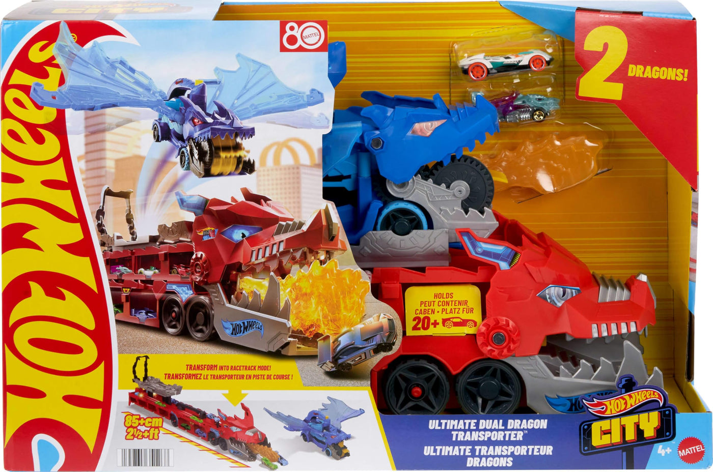 Hot Wheels City Spielzeugauto-Trackset, ultimativer 2-in-1 Drachentransporter und 2 Die-Cast-Autos, großer Drache und Abnehmbarer Drache, mit Platz für mehr als 20 Fahrzeuge, JKJ79
