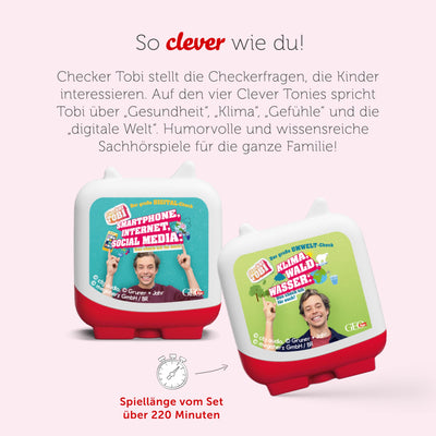 tonies Clever 4er Set Checker Tobi für Deine Toniebox, Wissens-Hörspiel für Kinder ab 8 Jahren, Spielzeit ca. 223 Minuten
