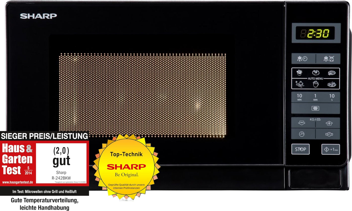 Sharp R242BKW Solo-Mikrowelle / 20 L / 800 W / 5 Leistungsstufen / 8 Automatikprogramme / Gewicht und zeitgesteuerte Auftauen / Kindersicherung / Energiesparmodus / Glasdrehteller (25,5 cm) / schwarz
