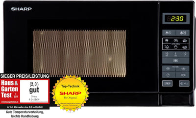 Sharp R242BKW Solo-Mikrowelle / 20 L / 800 W / 5 Leistungsstufen / 8 Automatikprogramme / Gewicht und zeitgesteuerte Auftauen / Kindersicherung / Energiesparmodus / Glasdrehteller (25,5 cm) / schwarz