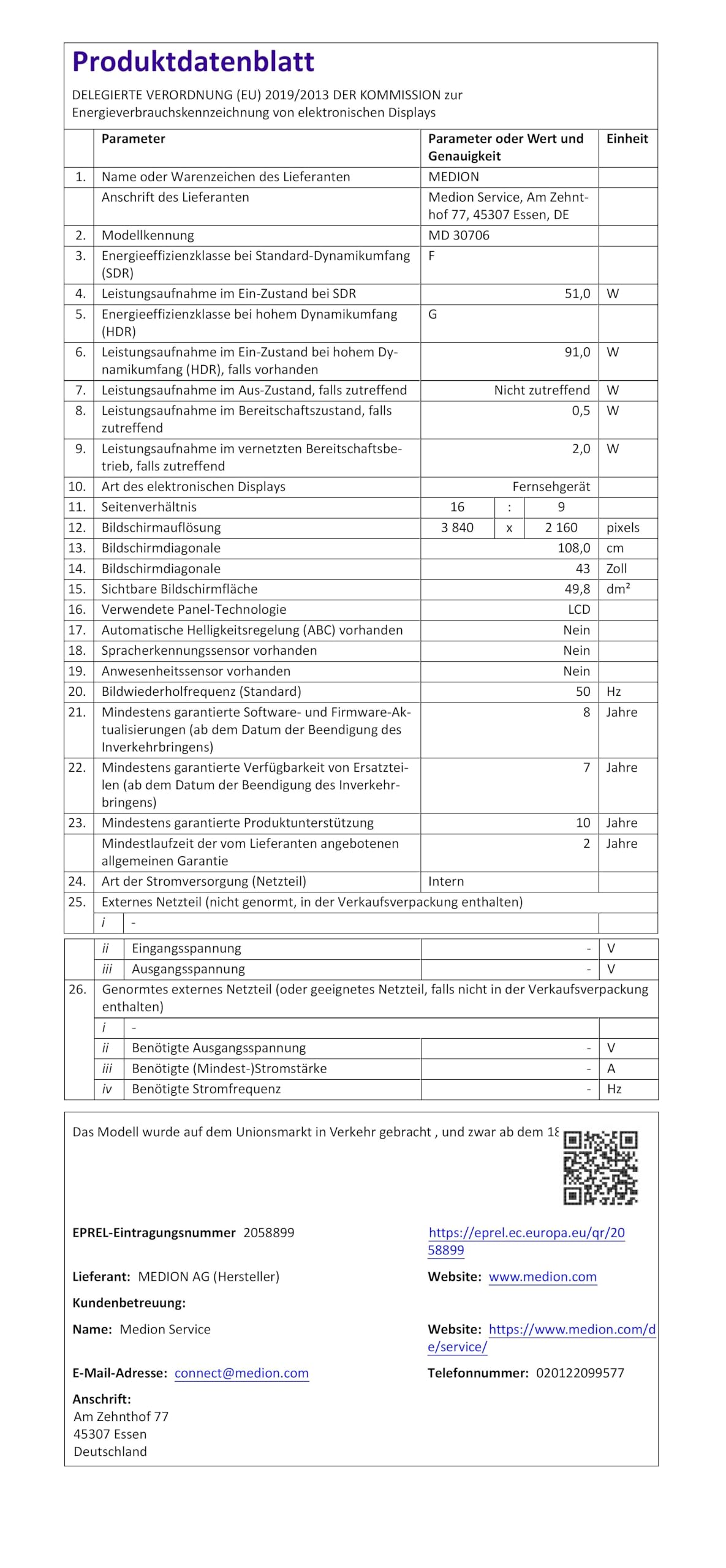 MEDION X14370 (MD 30706) 108 cm (43 Zoll) Fernseher (Smart TV, 4K Ultra HD, Dolby Vision HDR, Dolby Atmos, Netflix, Prime Video, MEMC, Micro Dimming, Bluetooth, PVR)