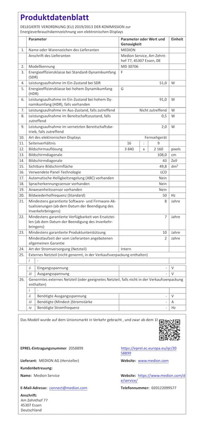 MEDION X14370 (MD 30706) 108 cm (43 Zoll) Fernseher (Smart TV, 4K Ultra HD, Dolby Vision HDR, Dolby Atmos, Netflix, Prime Video, MEMC, Micro Dimming, Bluetooth, PVR)