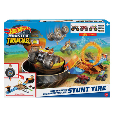 Hot Wheels Monster Trucks Stunt Reifen Spielset, enthält 3 Monster Trucks und 3 Fahrzeuge im Maßstab 1:64, Geschenk für Kinder im Alter von 4 bis 8 Jahren, HHY74