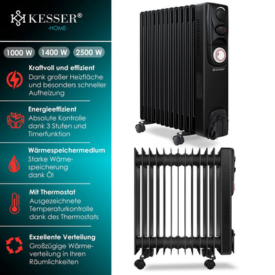 KESSER® Ölradiator Elektrische Heizung mit 13 Rippen 2500W Öl Radiator Elektroheizung Mobil Timer Lüfter Abschaltautomatik stufenlose Temperaturregelung Überhitzungsschutz, Zwangsluft Schwarz
