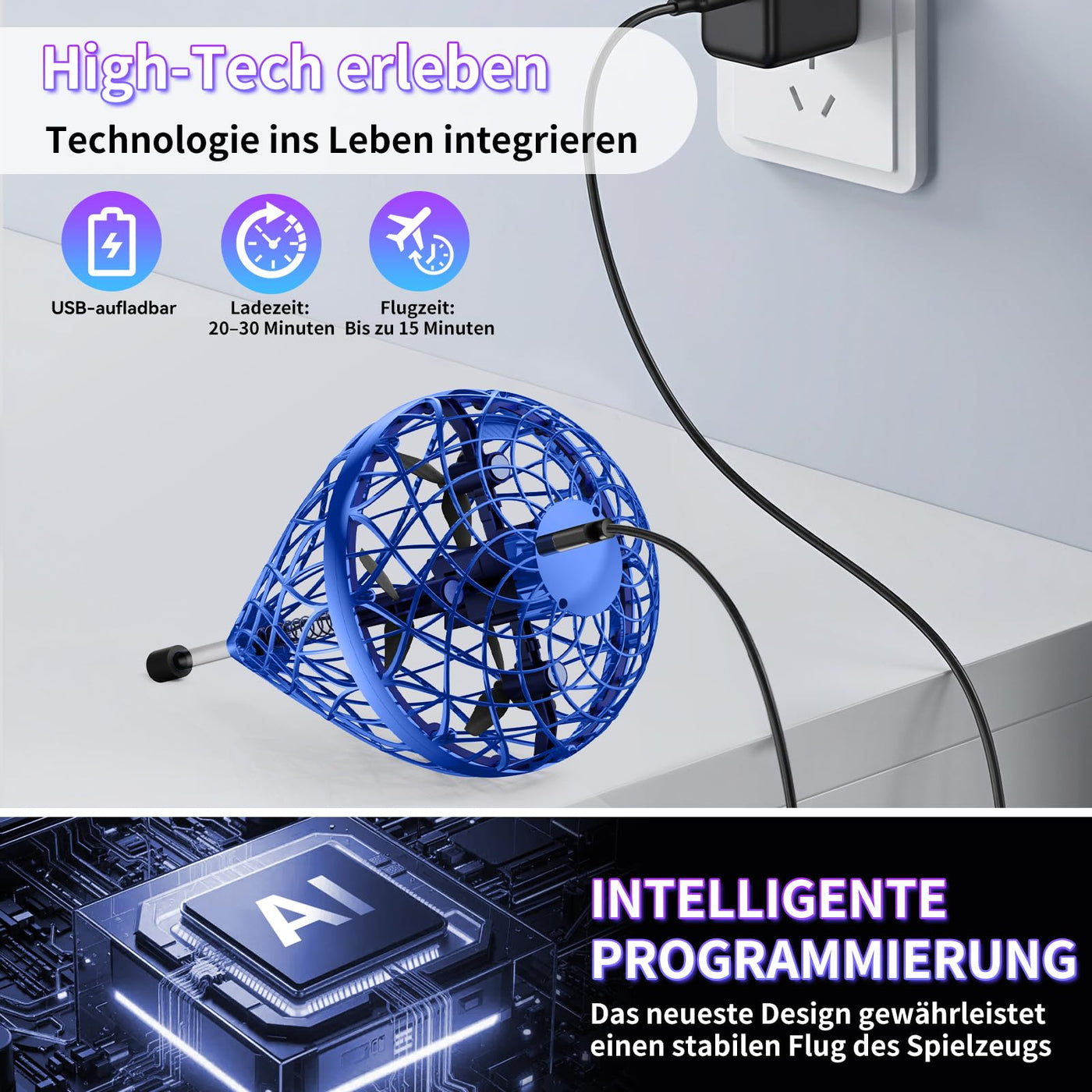 Fliegender Ball Lite Spielzeug, Mini Drohne KI-Bewegungssteuerung & 360°-Flip, Wiederaufladbare Drohne für Kinder & Erwachsene,Spinner-Ball geschenk für Jungen und Mädchen ab 6 7 8 Jahren