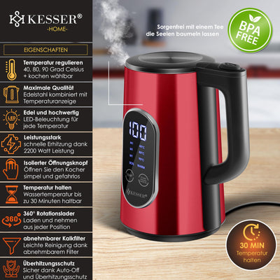 KESSER® Wasserkocher Edelstahl 1.5 Liter | LED-Anzeige | 4-Modi Temperatureinstellung 40°C-100°C | 30min Warmhalten | elektrischer Teekocher 2200W BPA-Frei | Kalkfilter & Easy-Open-Deckel, Bordeaux