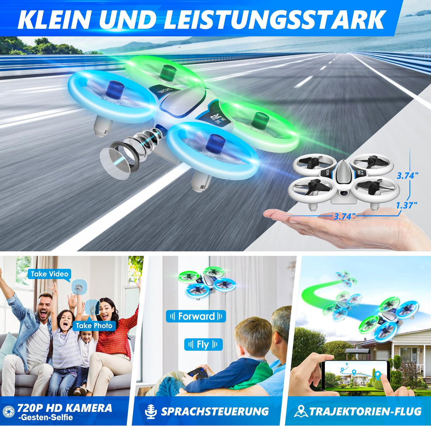 Mini Drohne mit Kamera HD 720P für Kinder, RC Drone mit LED Lichter,Quadrocopter mit 3D Flips, Kopflosem Modus und 3 Akkus,21 Min Lange Flugzeit,Spielzeug Drohne Helikopter für Kinder und Anfänger