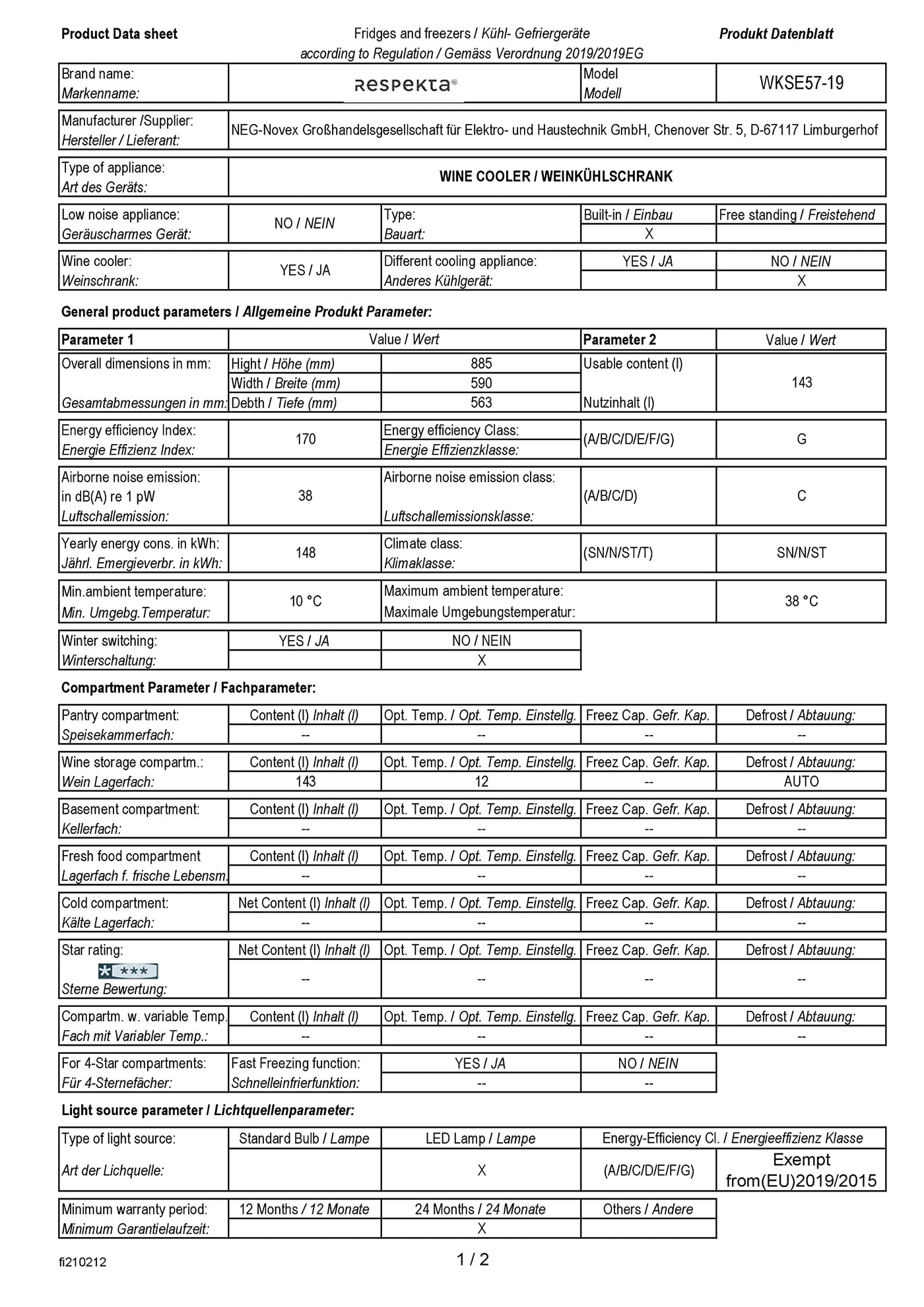 Respekta Einbau-Weinkühlschrank für 57 Standardflaschen / 143 L Nutzinhalt / 2 Temperaturzonen, je 5°-22°C/Touch Control/LED Leuchte/Wechselbarer Türanschlag/Max. 38 dB/WKSE 57-19