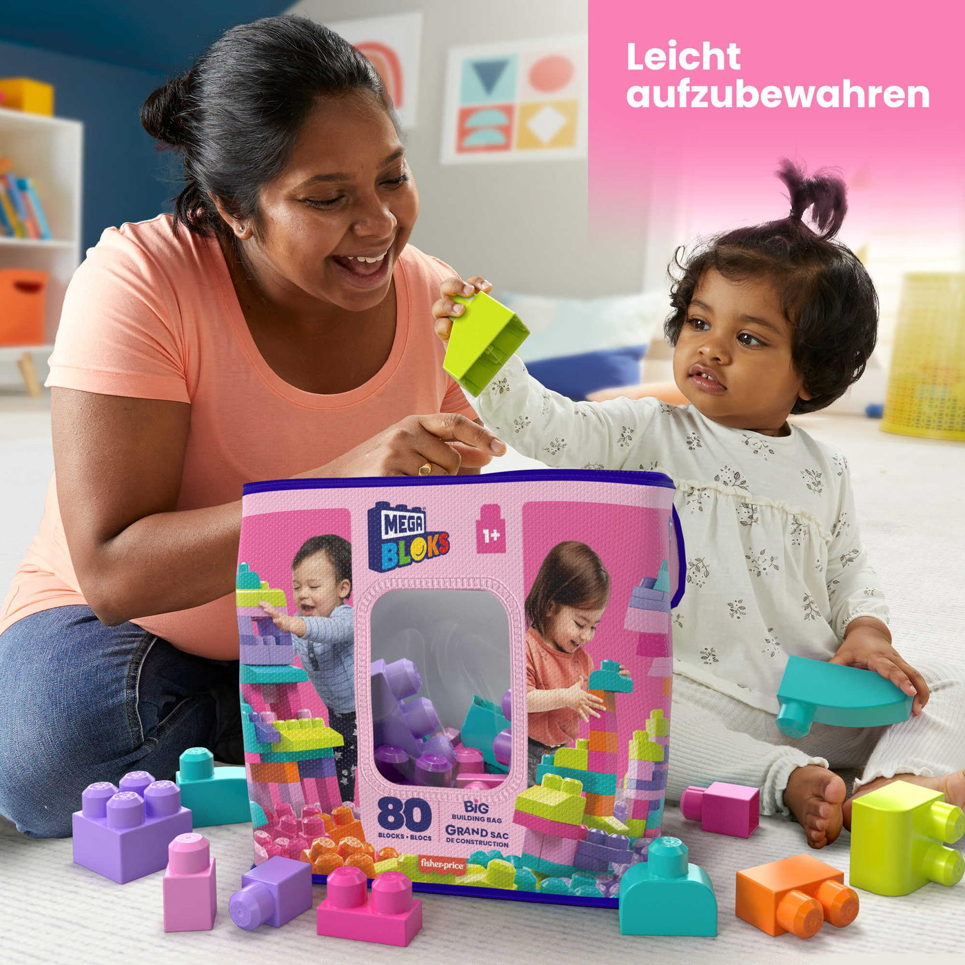 MEGA BLOKS Großer Bausteinebeutel - 80 robuste Bausteine mit wiederverwendbarem Aufbewahrungsbeutel, kompatibel mit Allen Mega Bloks Bauspielzeugen, für Kinder ab 1 Jahr, DCH62