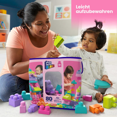 MEGA BLOKS Großer Bausteinebeutel - 80 robuste Bausteine mit wiederverwendbarem Aufbewahrungsbeutel, kompatibel mit Allen Mega Bloks Bauspielzeugen, für Kinder ab 1 Jahr, DCH62