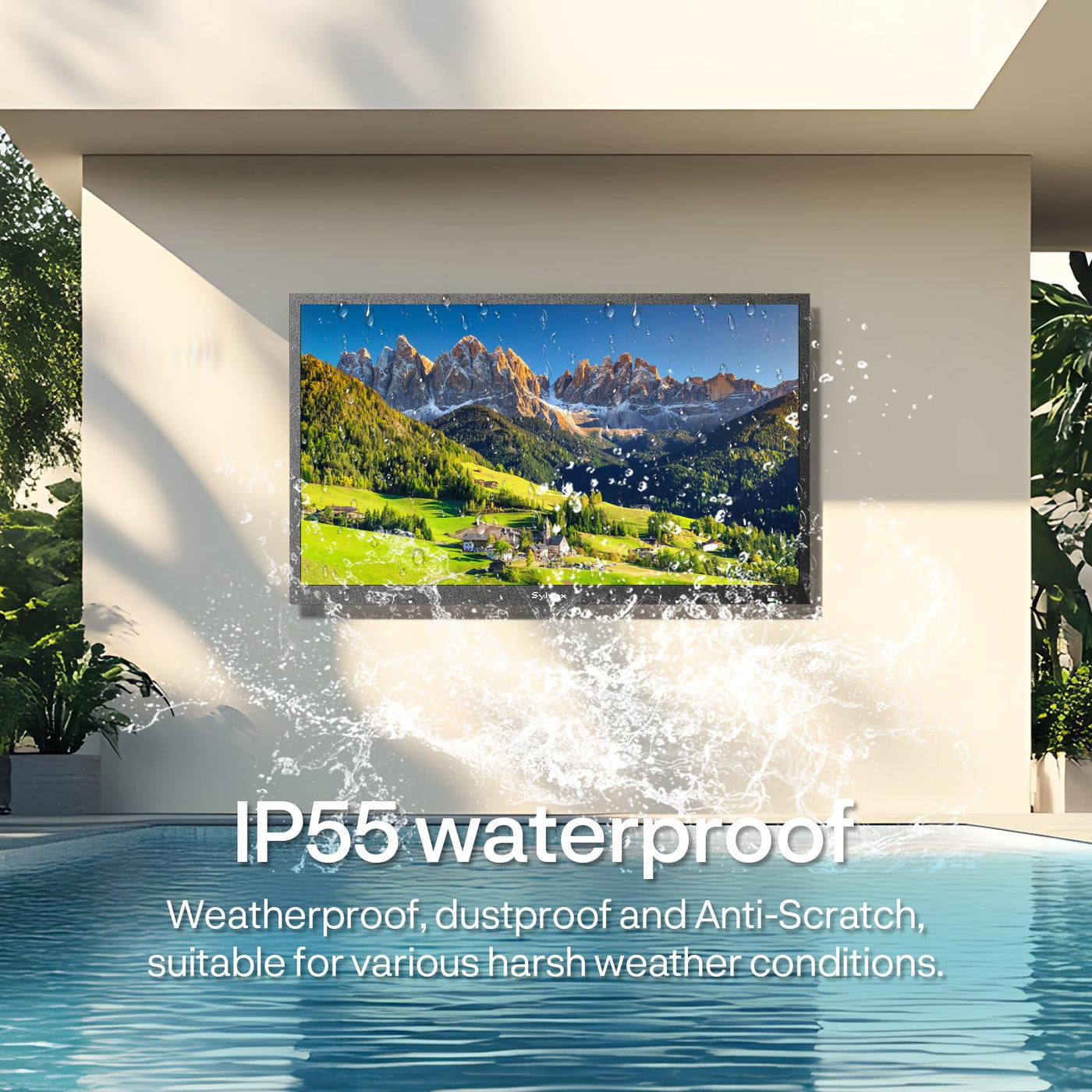 SYLVOX 32 Zoll Outdoor TV, IP55 wasserdichte Smart Google TV mit 1500 Nits Helligkeit, 1080P FHD, Wetterfester Outdoor Fernseher für Garten, Terrasse, Balkon (Pool SE 2025)