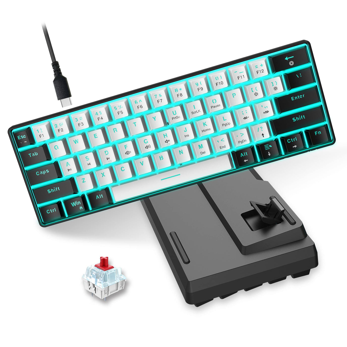Snpurdiri 60% kabelgebundene mechanische Gaming-Tastatur, 61 Anti-Ghosting-Tasten, Blaue LED-Hintergrundbeleuchtung, ultrakompakte Zwei Ständer (Roter Schalter/Schwarz Weiß)