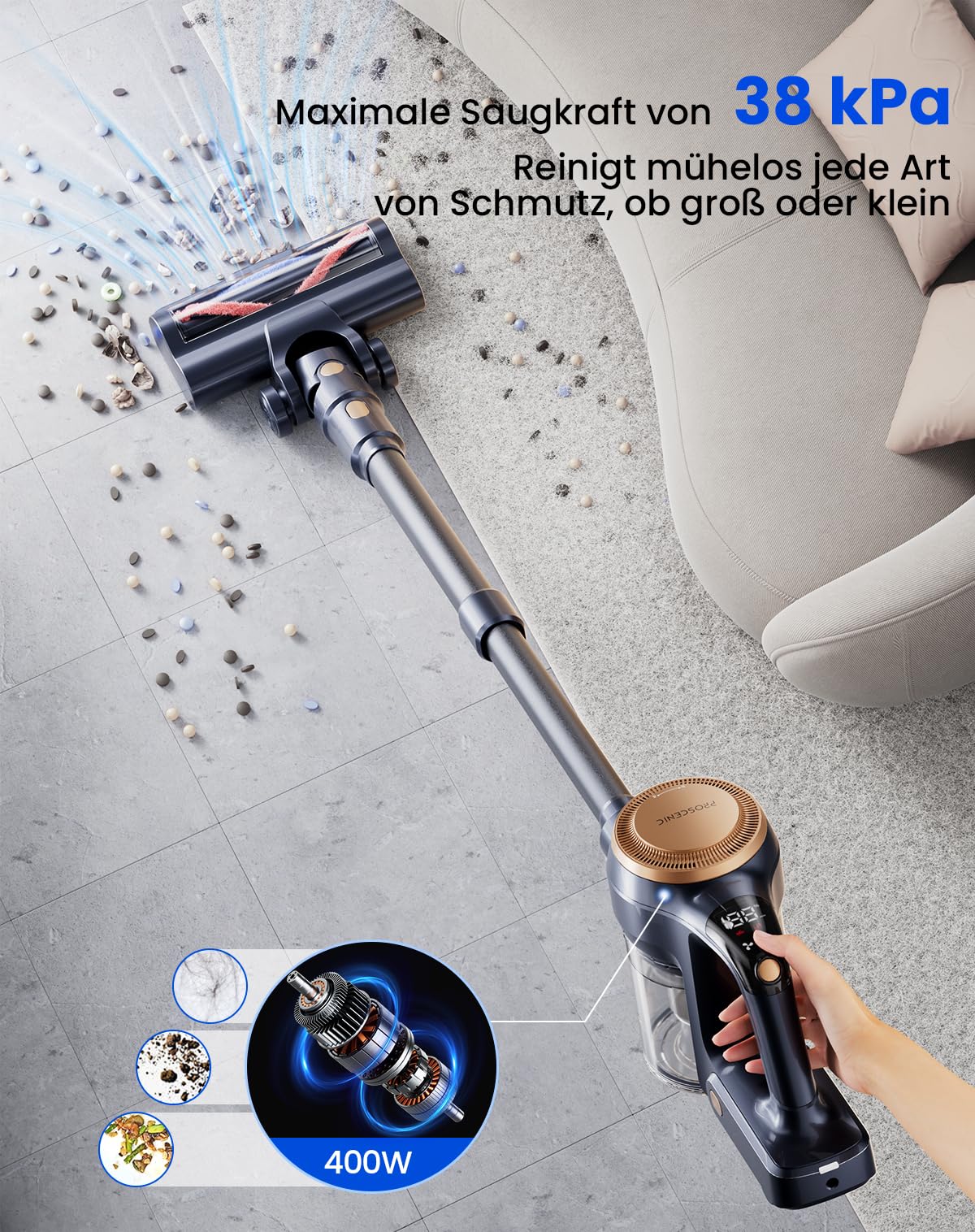 Proscenic P11 Lite 38kPa/400W Akku Staubsauger Kabellos Leichter, 40 Minuten auswechselbarer Akku, LED Display, haustierfreundlich geeignet für Teppich/Hartböden, Schwarz-gold