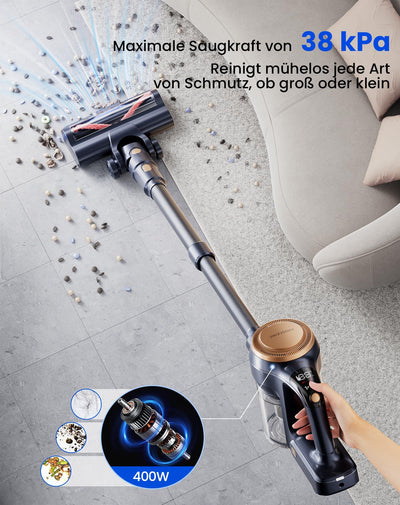Proscenic P11 Lite 38kPa/400W Akku Staubsauger Kabellos Leichter, 40 Minuten auswechselbarer Akku, LED Display, haustierfreundlich geeignet für Teppich/Hartböden, Schwarz-gold