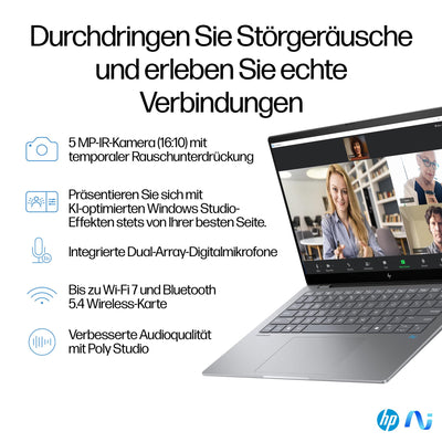 HP OmniBook X Next Gen AI Laptop | Qualcomm Snapdragon X Elite X1E-78-100 (12C) mit dedizierte NPU für KI | 45 NPU TOPS | Copilot+ PC | 14" 2,2K Touchscreen | 16 GB RAM | 1TB SSD | Win11 | Silber