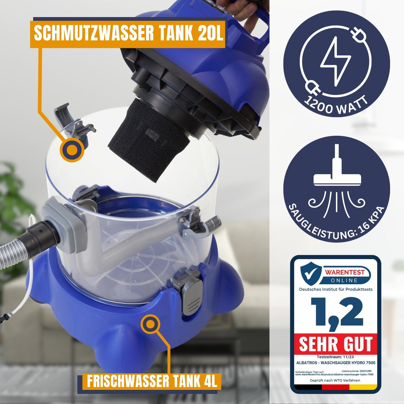 Albatros Waschsauger Polster HYDRO 7500 + 1l Reinigungs-Shampoo - 4in1 Polsterreiniger Gerät Beutellos + Teppich-Reinigungsmaschine, 5-tlg Komplett-Set - Note: Sehr Gut 1,2 (11/2023)