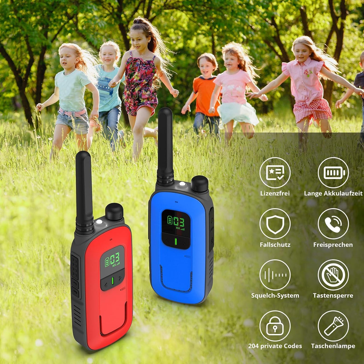 Radioddity PR-T3 Walkie Talkie für Kinder 16 Kanäle PMR446 Funkgerät für 3-12 Jahre Kinder VOX mit Taschenlampe 4KM Reichweite für Abenteuer, Outdoor, Camping, 2 Stücke(Rot & Blau)