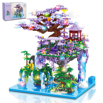 HILKKET Sakura Baumhaus Bauklötze Kit, 4574 Teile Chinesische Architektur Bausteine mit Lichter, Feenpavillon Micro Mini Bausteine, Sakura Baumhaus Lichter Baukasten mit Geschenkbox