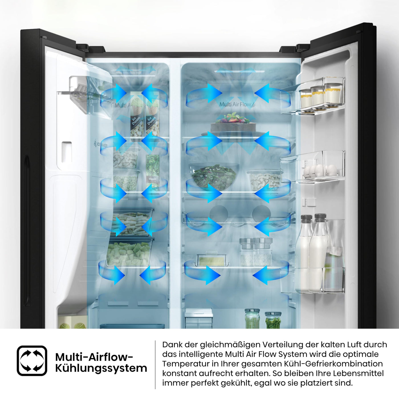 Hisense RS5P535NTFE Side-By-Side Kühl-Gefrier-Kombination, 376 Liter Kühlteil, 190 Liter Gefrierteil, Total NoFrost, Multi AirFlow, FastFreeze, Energieeffizienzklasse E, 178,6cm x 91,5cm, schwarz