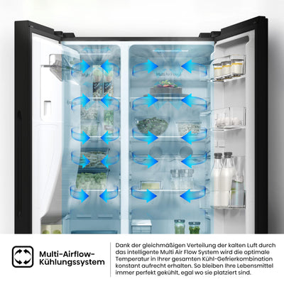 Hisense RS5P535NTFE Side-By-Side Kühl-Gefrier-Kombination, 376 Liter Kühlteil, 190 Liter Gefrierteil, Total NoFrost, Multi AirFlow, FastFreeze, Energieeffizienzklasse E, 178,6cm x 91,5cm, schwarz
