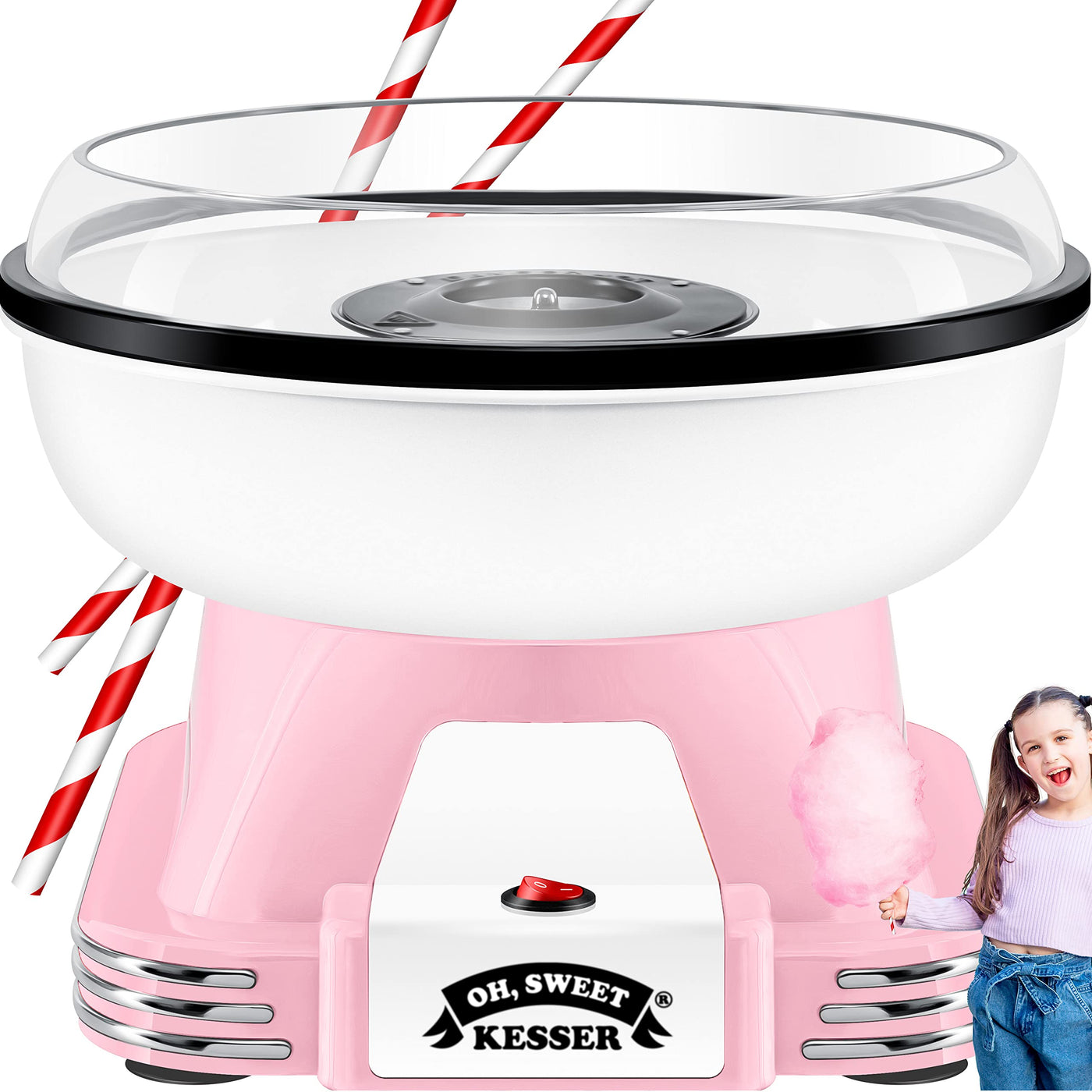 KESSER® Zuckerwattemaschine Set für Dein zuhause - Mit 30x Zuckerwatte Stäbchen & Messlöffel - Retro Cotton Candy Maschine - Zuckerwatte Maschine Mit Zubehör - Höhe 22 cm - 500 W Rosa Weiß