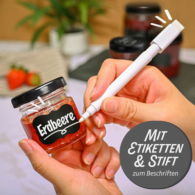 Praknu 24 Mini Gläser mit Deckel 50 ml - Mit Etiketten und Stift - Luftdichte Gläschen zum Verschenken - Für Marmelade und Honig