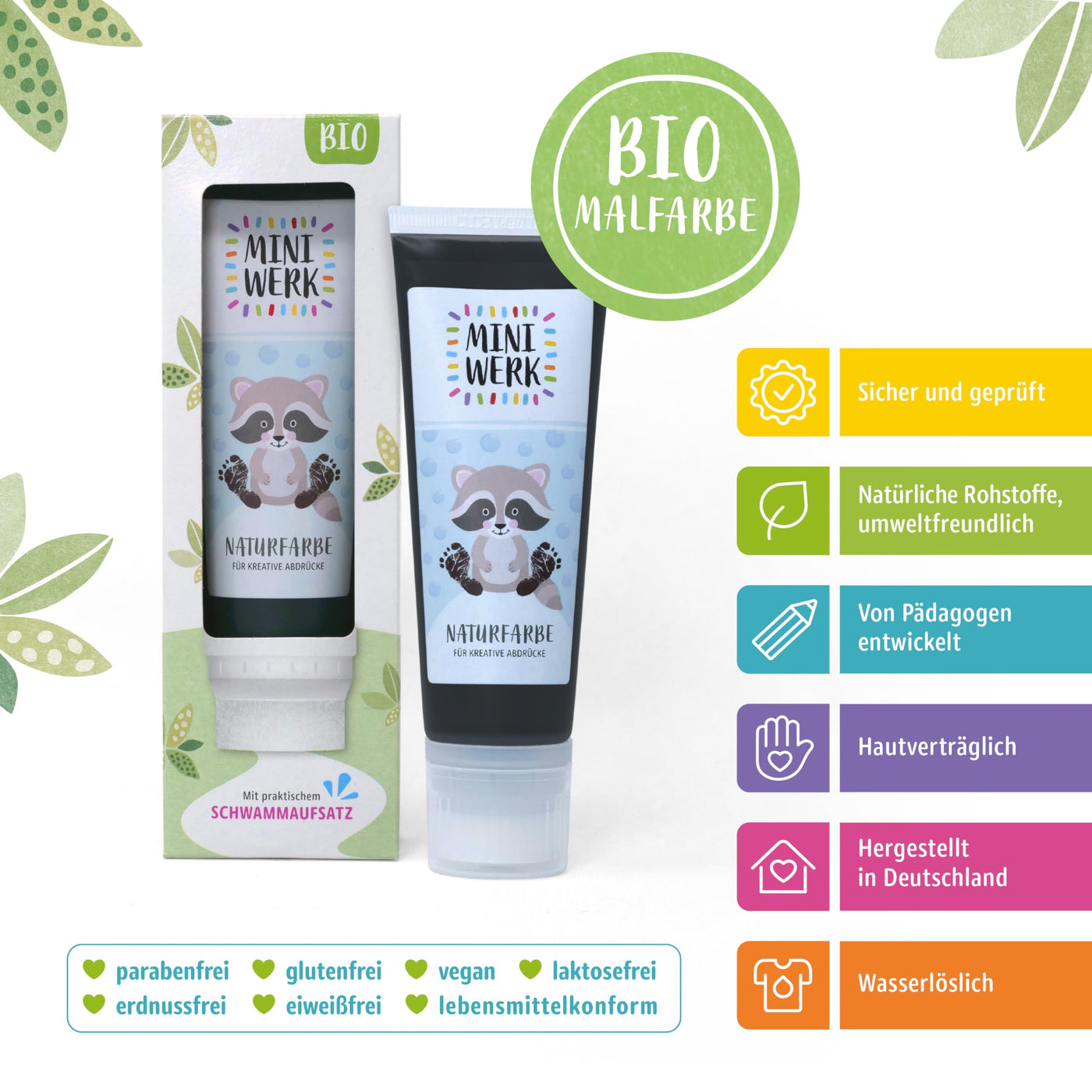 Miniwerk Bio Malfarbe Schwarz mit Schwammaufsatz aus natürlichen Rohstoffen, schadstofffrei wie Fingerfarbe - Fußabdruck Baby - Erinnerung und Dekoration für Baby- & Kleinkinderzimmer