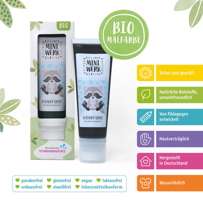 Miniwerk Bio Malfarbe Schwarz mit Schwammaufsatz aus natürlichen Rohstoffen, schadstofffrei wie Fingerfarbe - Fußabdruck Baby - Erinnerung und Dekoration für Baby- & Kleinkinderzimmer