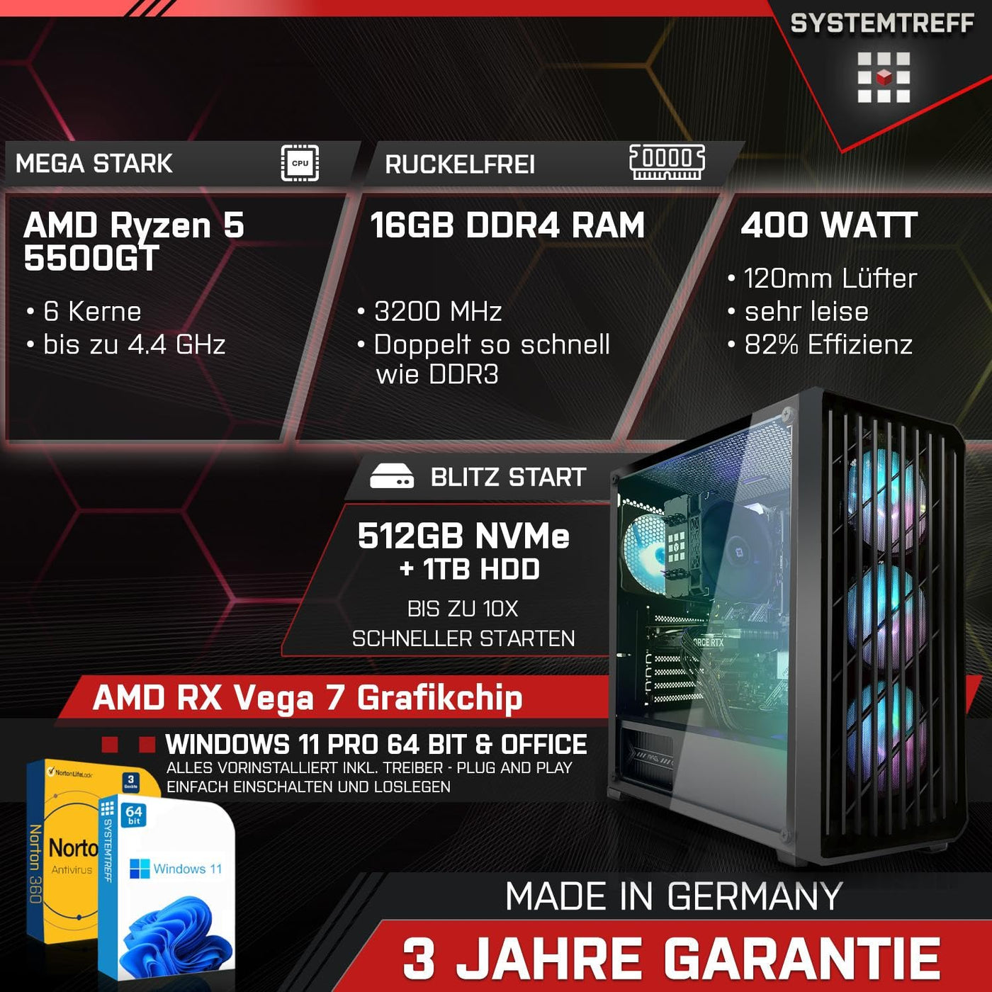 SYSTEMTREFF Basic Gaming Komplett PC Set AMD Ryzen 5 5500GT 6x4.4GHz | AMD RX Vega 7 4K HDMI DX12 | 512GB M.2 NVMe + 1TB HDD | 16GB DDR4 RAM | WLAN Desktop Paket Computer für Gamer, Gaming