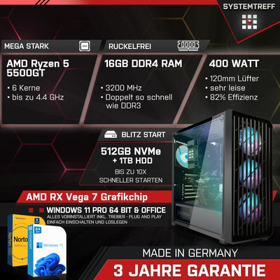 SYSTEMTREFF Basic Gaming Komplett PC Set AMD Ryzen 5 5500GT 6x4.4GHz | AMD RX Vega 7 4K HDMI DX12 | 512GB M.2 NVMe + 1TB HDD | 16GB DDR4 RAM | WLAN Desktop Paket Computer für Gamer, Gaming