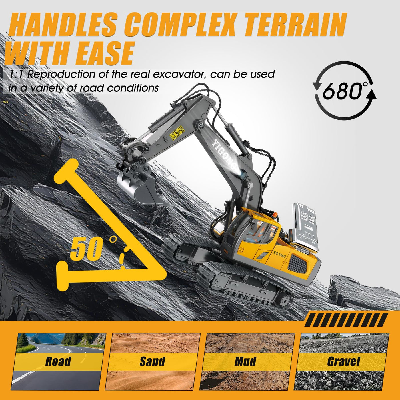 KIYTARBOO Ferngesteuertes Auto Bagger Spielzeug für ab 3 Jahre Sand Fahrzeuge Metall Ferngesteuert, 11CH, 2,4 GHz RC Bagger mit Licht und Sound 680° Drehung, Geschenke für Jungen ab 5 6 7 8 9 10 11 12