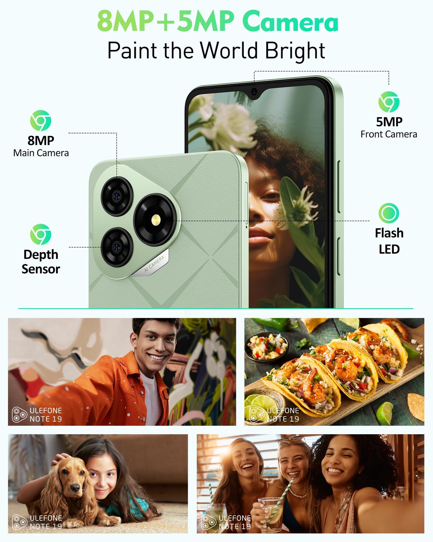 Ulefone Note 19 Handy Android 14, 6GB RAM+32GB ROM/SD-512GB, 6.56" HD+ Octa Core, 5000mAh Akku, 8MP+5MP Kamera Smartphone Ohne Vertrag DREI Kartenfächer Dual SIM 4G/Face ID/GPS/OTG/FM Schwarz