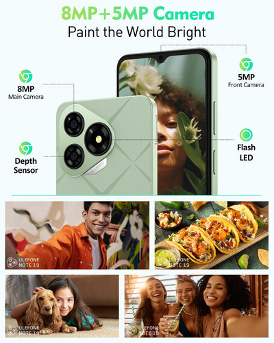 Ulefone Note 19 Handy Android 14, 6GB RAM+32GB ROM/SD-512GB, 6.56" HD+ Octa Core, 5000mAh Akku, 8MP+5MP Kamera Smartphone Ohne Vertrag DREI Kartenfächer Dual SIM 4G/Face ID/GPS/OTG/FM Schwarz