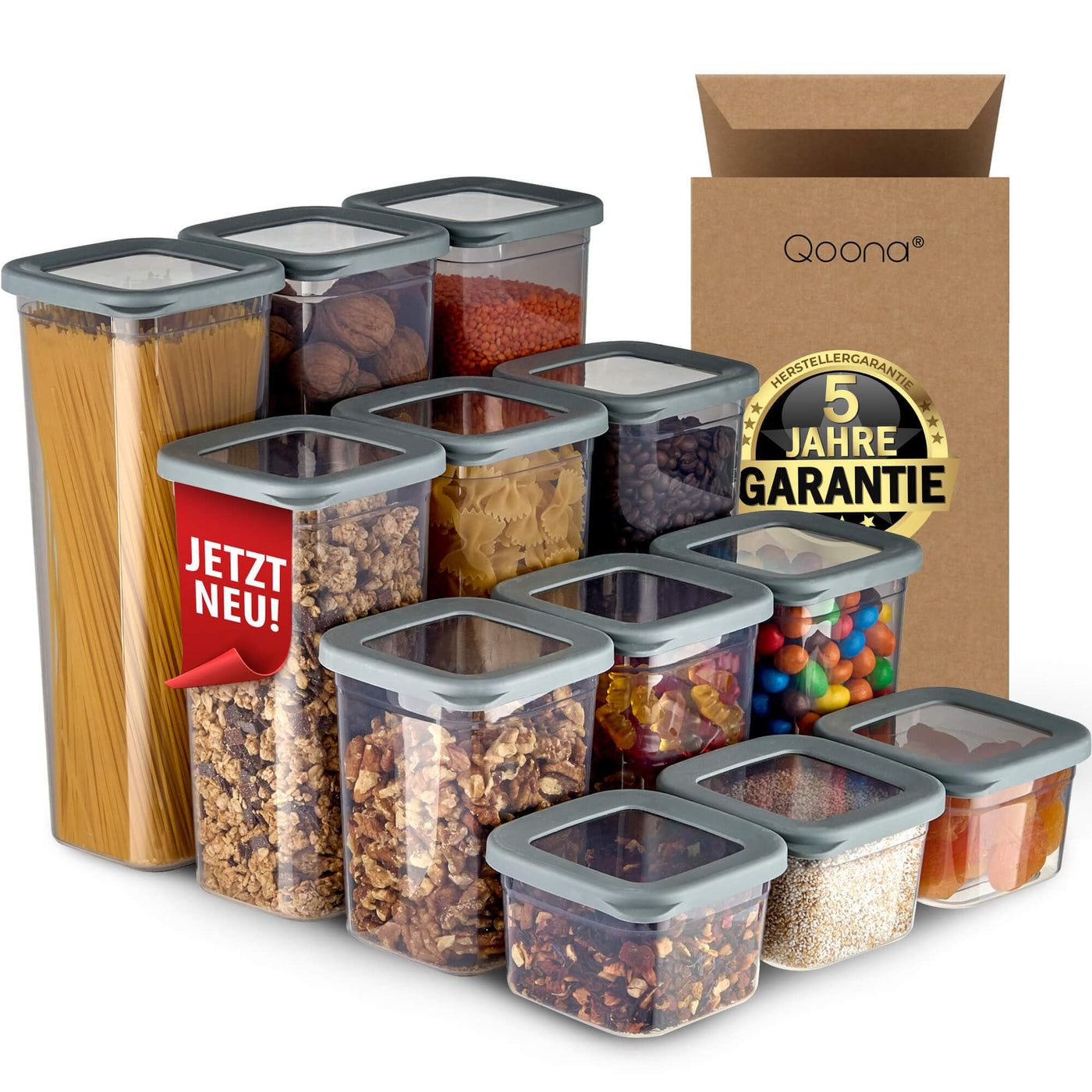 QOONA Luftdichte Vorratsdosen mit Deckel [12er-Set] Anthrazit - Stapelbar & platzsparend für die Küche, Vorratsgläser luftdicht, Mehl Aufbewahrung, Food Container, Vorratsbehälter, Aufbewahrungsbox