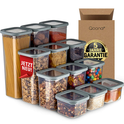 QOONA Luftdichte Vorratsdosen mit Deckel [12er-Set] Anthrazit - Stapelbar & platzsparend für die Küche, Vorratsgläser luftdicht, Mehl Aufbewahrung, Food Container, Vorratsbehälter, Aufbewahrungsbox