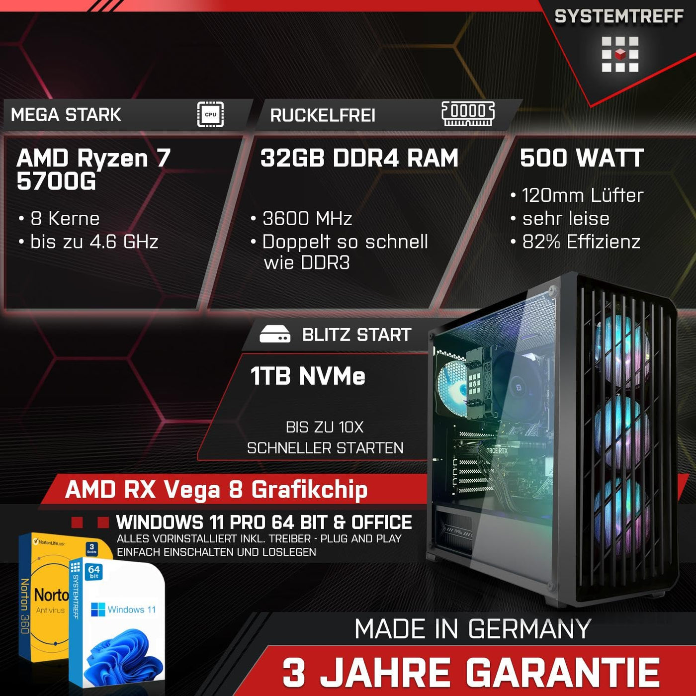 SYSTEMTREFF Basic Gaming Komplett PC Set AMD Ryzen 7 5700G 8x4.6GHz | AMD Radeon RX Vega 8 4K HDMI DX12 | 1TB M.2 NVMe | 32GB DDR4 RAM | WLAN Desktop Paket Computer für Gamer, Gaming